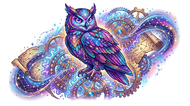Intricate mystical owl perched on glowing crystal clockwork gears and constellation map illustration