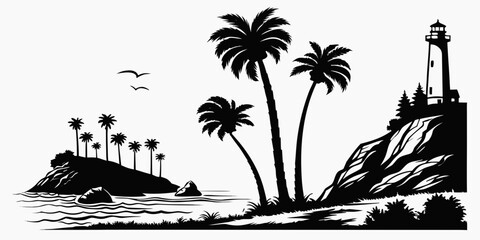 Tropical island with palm trees, lighthouse, and sailing boat at sunset © Sp