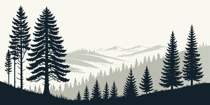 Black and white mountain landscape with pine trees and snow-covered peak