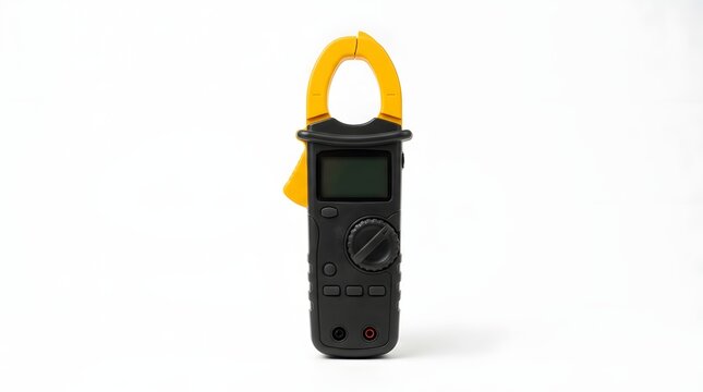 Digital Clamp Meter with Yellow Jaw on White Background
