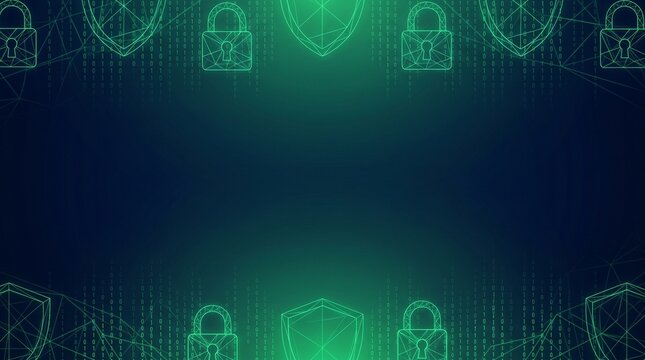 Abstract Cybersecurity Data Protection Background Template with Glowing Padlock Lines and Copy Space