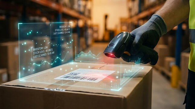 Hand using barcode scanner in warehouse with digital interface