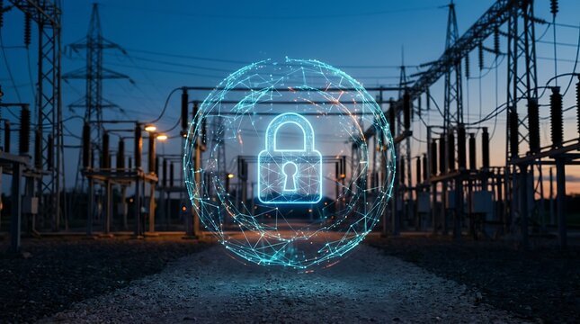 Cybersecurity concept represented by digital padlock in network sphere protecting electrical power infrastructure from cyber threats and data breaches.