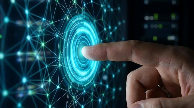 Human finger touching digital glowing network interface