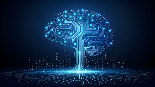 Artificial intelligence brain concept. Digital neural network with circuit board technology.