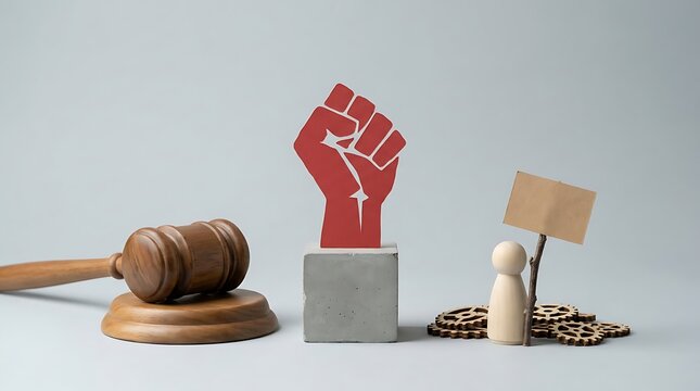 Symbolic representation of justice, protest, and industrial action with gavel fist and gears, depicting social movements and legal rights on a neutral background.