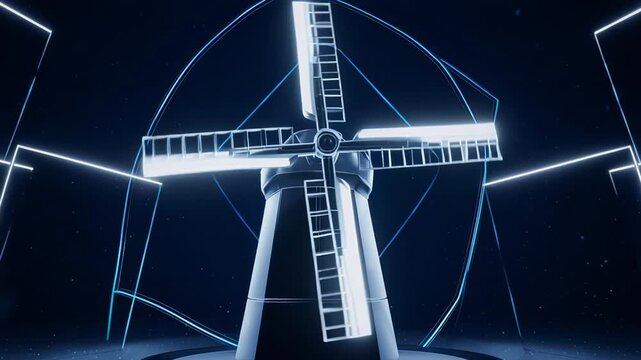 Abstract windmill structure rotating in a futuristic neon tunnel with geometric patterns and blue light
