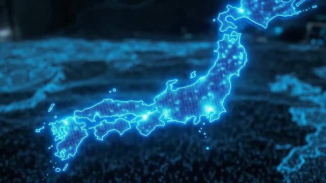 A glowing digital map of an island nation in blue light