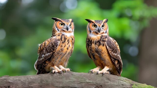 Two owls perch together on a tree branch in a lush green forest with soft natural bokeh