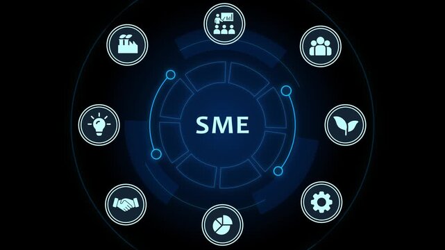 Sme small and medium enterprise concept with digital hud interface and business technology
