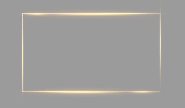  Premium golden neon glowing square frame with elegant light borders isolated on transparent background