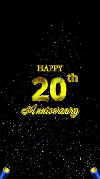 Glossy gold Happy 20th Anniversary title with colorful confetti cannons bursting on a black vertical celebration background.