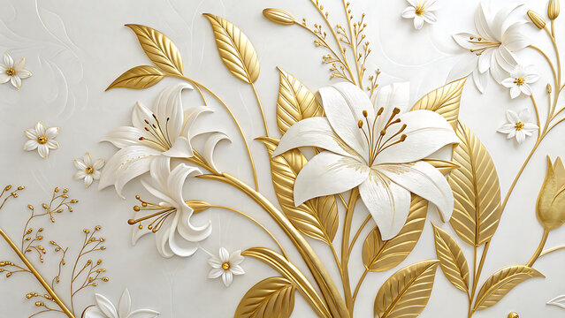 Elegant 3D white lily flowers and gilded foliage wall decoration