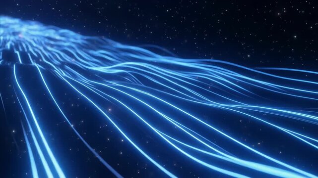 Flowing blue light streams through digital landscape with starry background in cinematic motion during data transfer concept