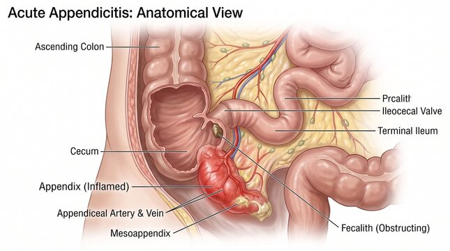 Anatomical Illustration of Acute Appendicitis in Human Body.
