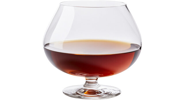 Clear glass brandy snifter with amber liquid, isolated on transparent background