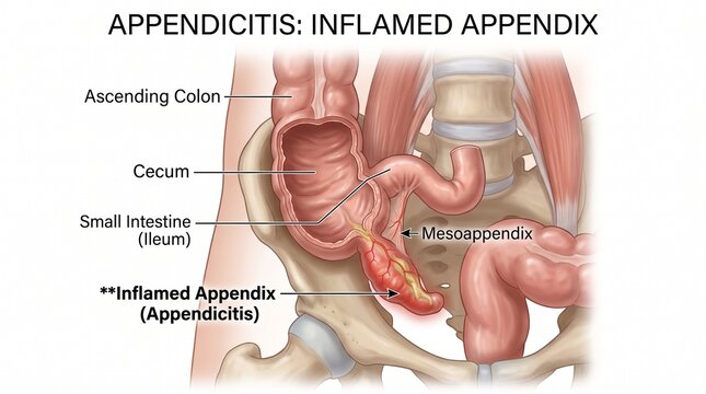 Medical illustration of inflamed appendix in human anatomy.