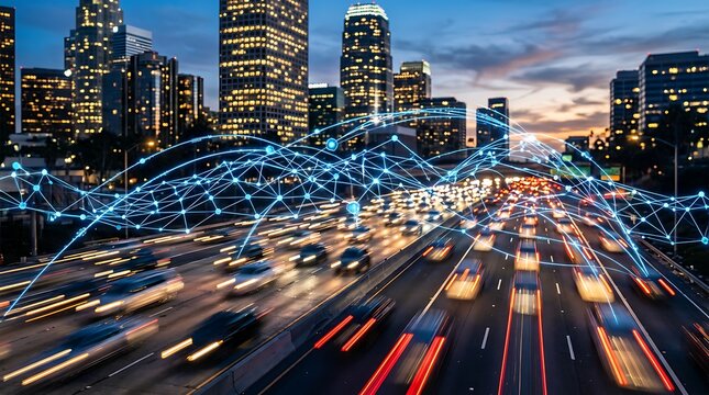 Connected smart city highway traffic flow at night with futuristic glowing network overlay and blurred car light trails illustrating data connections and urban technology advancements.