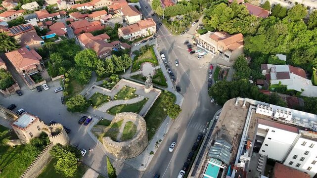 Aerial view of erekle ii square and the historic fortress wall in telavi, georgia, showcasing the city's unique blend of ancient architecture and modern urban life