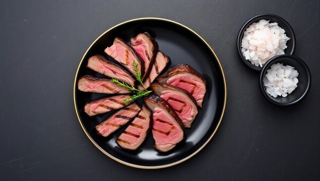 A gourmet plate of perfectly seared duck breast slices arranged in a circular pattern on black