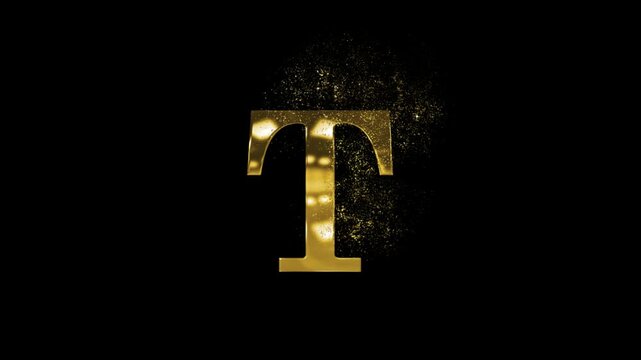 Beautiful letter T of the English alphabet in a golden style, with particles and a transparent background