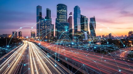 Fototapeta premium Gleaming smart city skyscrapers interconnected with digital network lines representing global communication and data sharing in a vibrant metropolis at sunset.