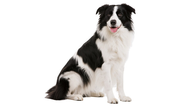 Black and white border collie dog sitting attentively, isolated on transparent background