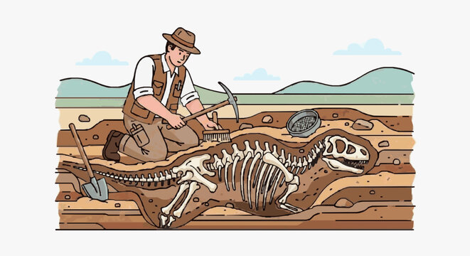 Scientist Examines Fossilized Dinosaur Skeleton.