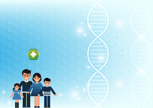 Family health care and genetics concept with DNA strand and medical symbol on blue background. Vector illustration.