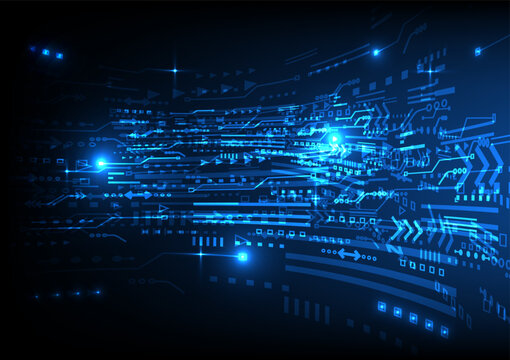 Abstract blue technology background with digital data streams and glowing circuit board patterns. Futuristic network concept.