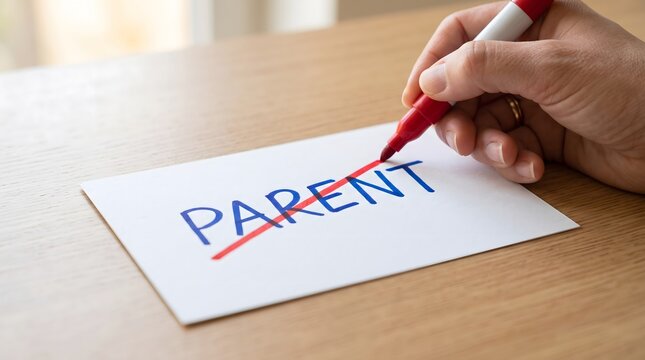Hand crossing out the word &ldquo;PARENT&rdquo; with a red marker, symbolizing status change, correction, or relationship transition