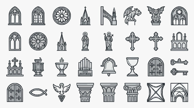 Modern Minimalist Black and White Line Icons Set Featuring Gothic Architecture Religious Symbols and Sacred Objects