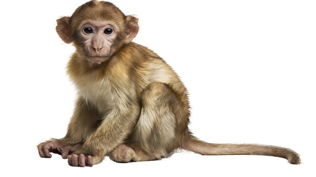 Young Barbary macaque monkey sitting, isolated on transparent background