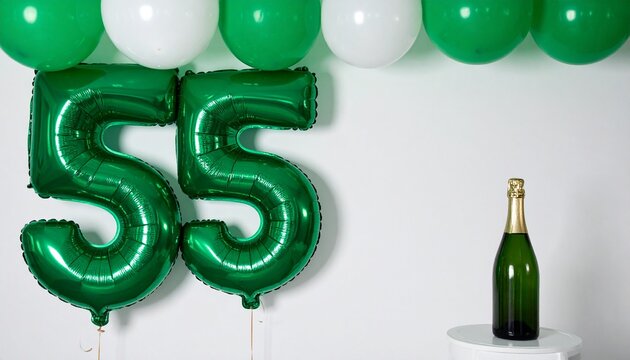 Green Number 55 Balloon with Champagne Bottle for Birthday or Anniversary Celebration