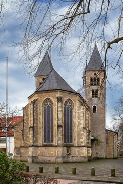 St. Mauritz church, Munster, Germany, apse view. Historic gothic collegiate building under daytime sky with no people