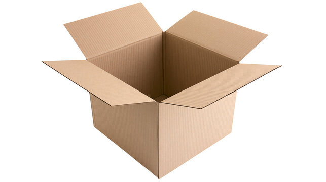 Open corrugated cardboard box empty and ready for packing, isolated on transparent background