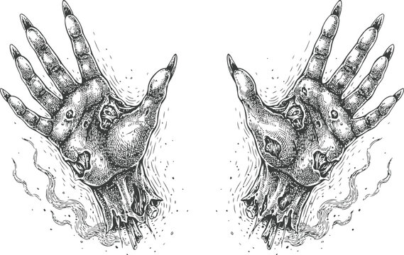 Creepy disembodied monster hands with sharp claws and rotten flesh, vintage engraving style.