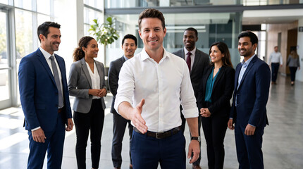 Fototapeta premium Happy businessman offering a handshake in a modern office with his professional team standing together in the background