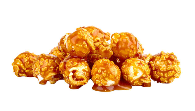 A delicious cluster of caramel-coated popcorn with glossy golden caramel, isolated on transparent background