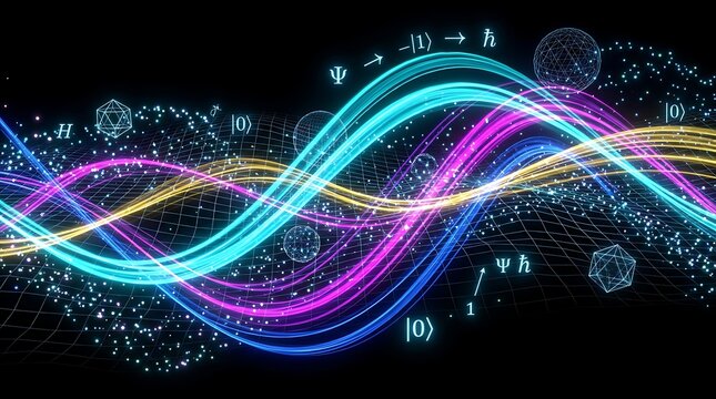 Abstract visualization of quantum physics, showing wave functions, superposition, and quantum entanglement with glowing lines and geometric shapes on black background.
