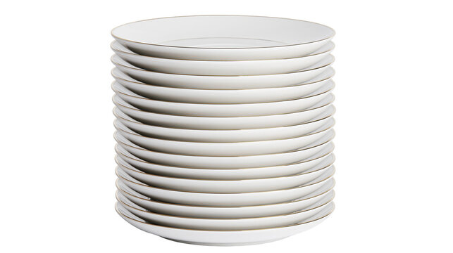 Stack of clean white ceramic dinner plates with thin gold rim, isolated on transparent background