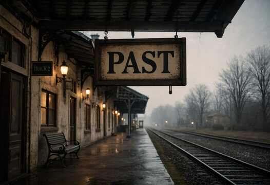 Vintage Railway Station Platform with Hanging Sign Reading Past on Misty Day
