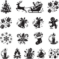 Obraz premium Christmas holiday icon set with Santa Claus, snowman, tree, bells, and winter symbols vector illustration for festive design