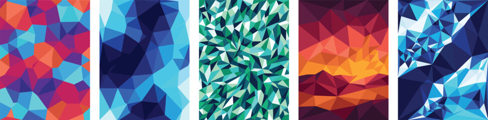 Fototapeta premium Abstract geometric polygon background set, colorful low poly mosaic texture. 5 vector panels for modern design banners