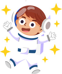 Cartoon boy astronaut floating in space with stars illustration