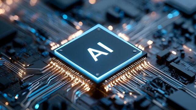 A glowing semiconductor chip labeled sits on a complex circuit board with illuminated pathways and metallic components