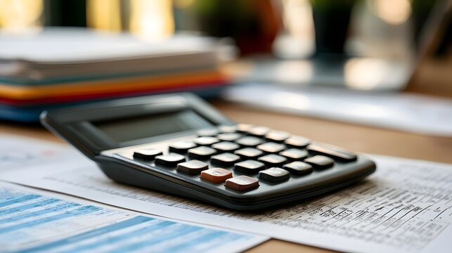A black calculator rests on printed financial documents and papers on a wooden desk surface