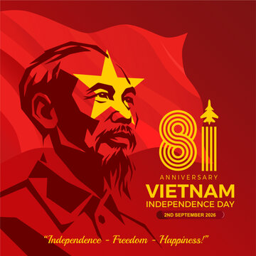 Celebrating Vietnam Independence Day 2026 81st Anniversary Poster with Ho Chi Minh Silhouette, Vietnam Flag and Patriotic Flat Vector Illustration. Isolated Vector Illustration 