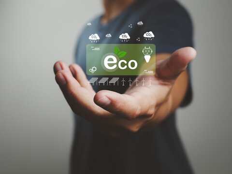 Eco concept with hand offering sustainable energy icons and renewable technology, optimistic tone conveying green innovation and low carbon future