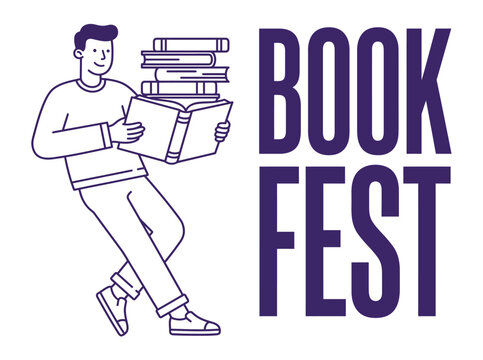 Book Fest event logo with man reading, purple line art illustration of student with stack of books, literary festival banner vector